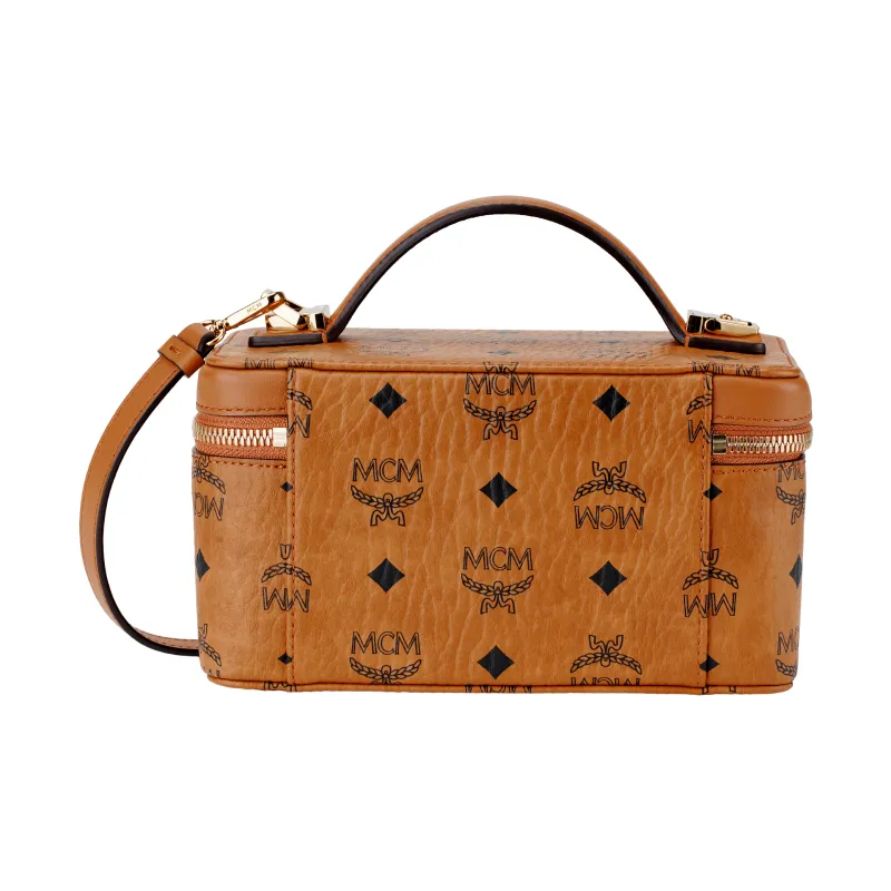 MCM Leather Box Bag, Makeup Bag, Shoulder Bag, Crossbody Bag, Handbag Women's Brown Cognac-6