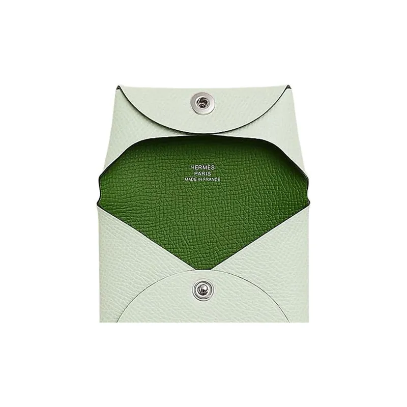 HERMES Bastia Epsom Calfskin Coin Purses Wallets Women's Light Green With Dark Green Accents-3