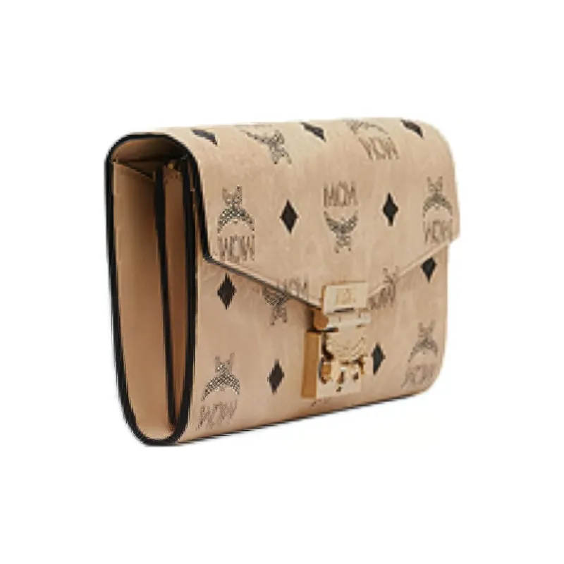 MCM Patricia Visetos Coated Canvas Envelope Bag, Handheld Shoulder Bag, Crossbody Bag Large Size Women's Gold Champagne-1