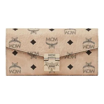MCM Patricia Visetos Coated Canvas Envelope Bag, Handheld Shoulder Bag, Crossbody Bag Large Size Women's Gold Champagne