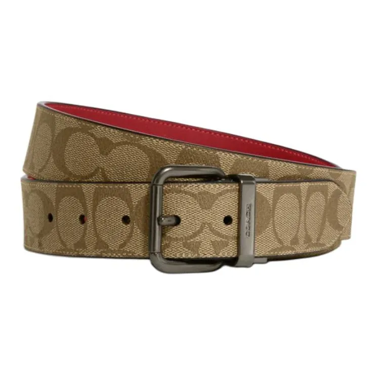 COACH Calfskin Leather Belts Unisex Red/Khaki Width: 3.8CM-0