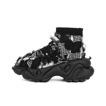 ZERO COSMOS Torn Fabric Doll High Top Chunky Sneakers Unisex Black Floral Plaid