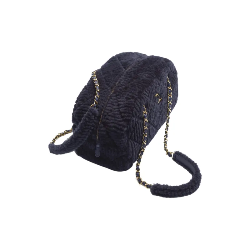 CHANEL Wool Bowling Bag, Handbag, Shoulder Bag Tubas Women's Black Blue-2