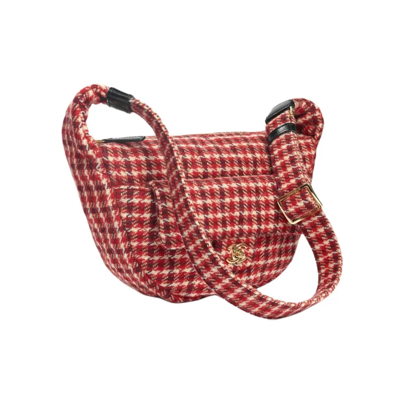 CHANEL Wool Plaid Calfskin Hobo Bag Handbag Shoulder Bag Large Size Women's Red & White & Beige & Dark Brown-1