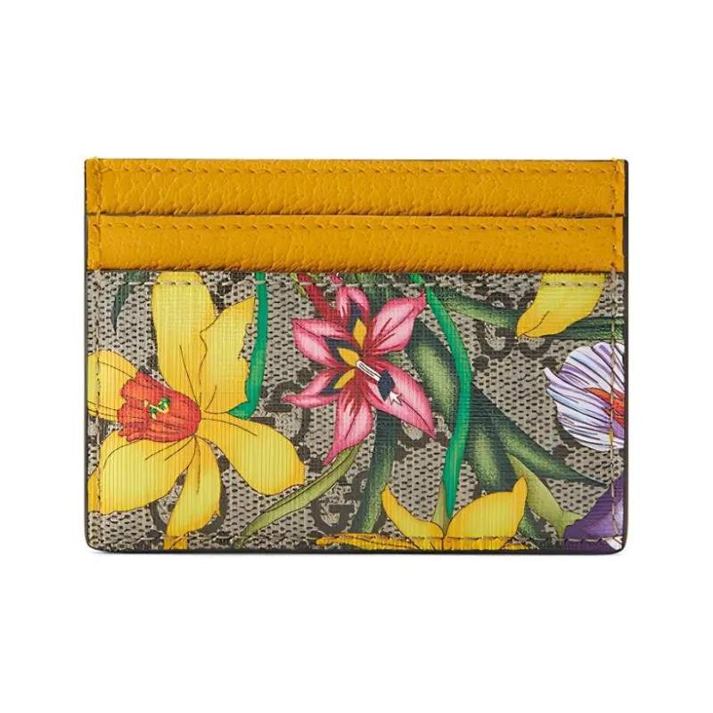 GUCCI Ophidia Canvas With Leather Card Holder With Clip Women's Raven Wood/Yellow/Multicolor-1