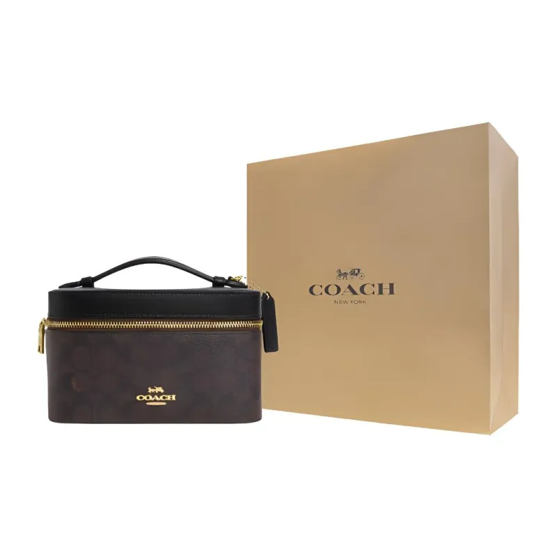 COACH Coated Canvas Makeup Bag Handbag Trumpets Women's Walnut Wood & Black-4