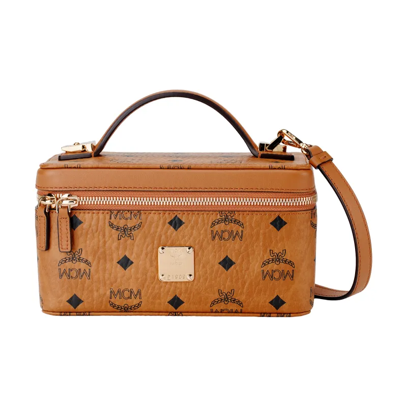 MCM Leather Box Bag, Makeup Bag, Shoulder Bag, Crossbody Bag, Handbag Women's Brown Cognac-1