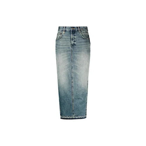 R13 Raw-Cut Hem Midi Denim Skirt
