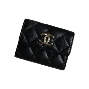 CHANEL Large Cc Logo Tri Fold Card Holder Black AP3141