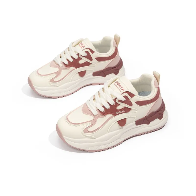 BABAYA KIDS Anti Slip Wear Resistant Low Top Chunky Sneakers Women's White Burgundy-3