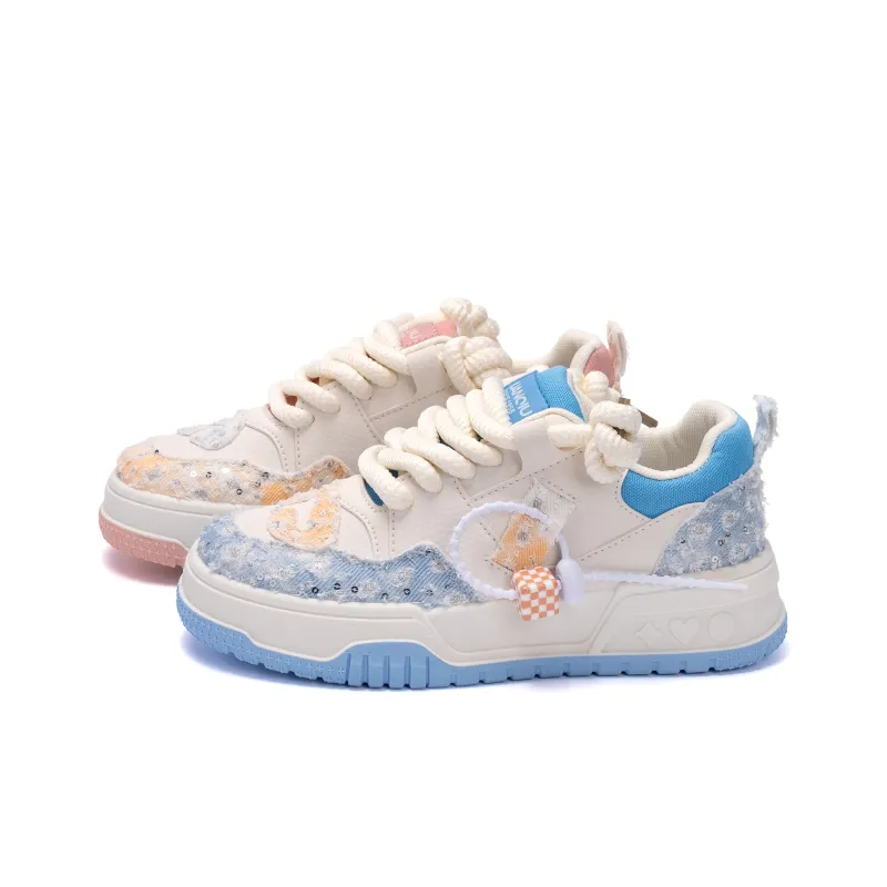 HUANQIU Height Increasing Slip Resistant Low Top Skateboard Shoes Women's Pink Blue Mismatched-1