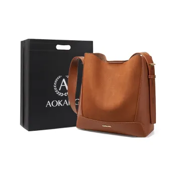 AOKANG Matte Cow Leather Bucket Bag, Shoulder Bag Medium Size Women's Caramel Brown/Dusk Gray/Cocoa Coffee