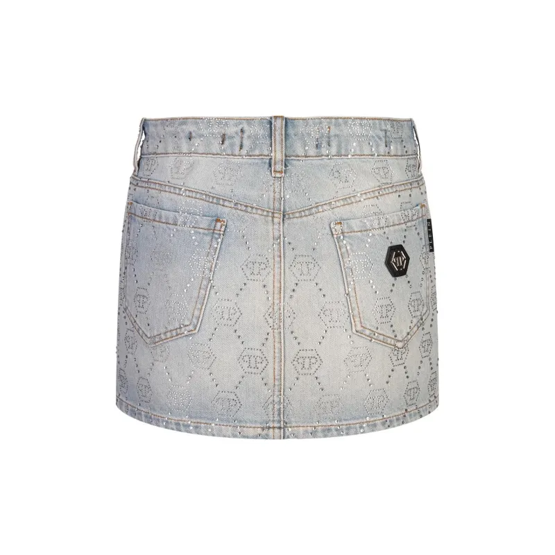 PHILIPP PLEIN Embellished Monogram Mini Denim Skirt-1