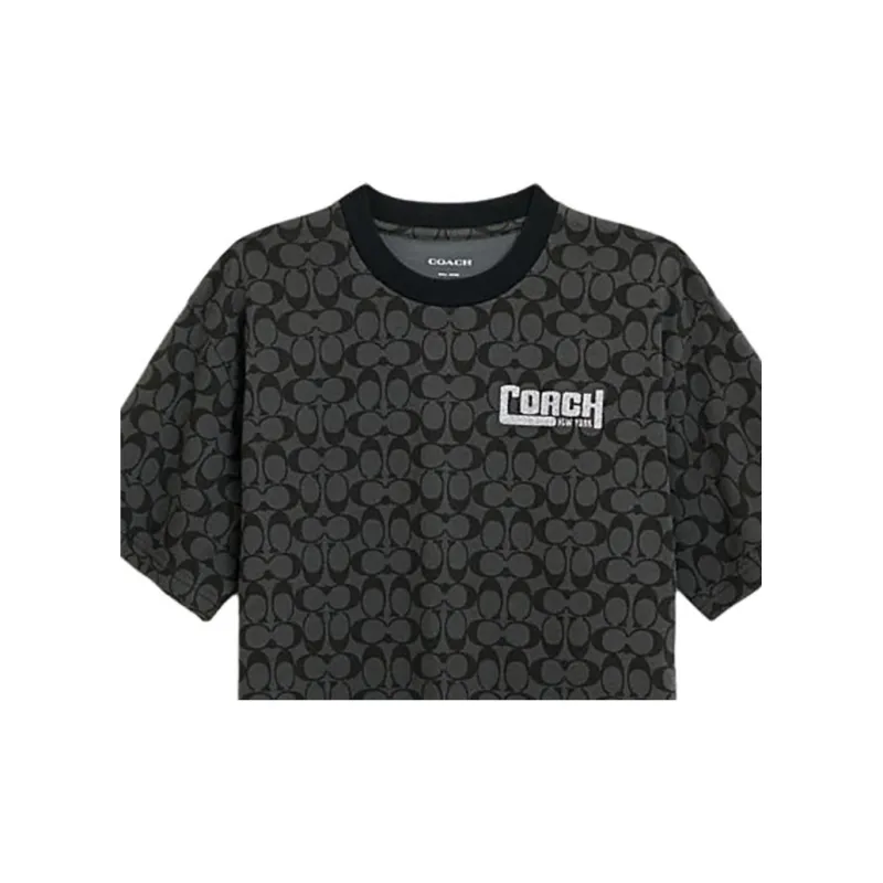 COACH Letter Logo All Over Print Casual Crew Neck Cropped Short Sleeved T Shirt Women's Mixed Black-4
