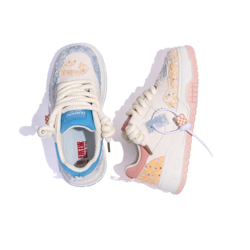 HUANQIU Height Increasing Slip Resistant Low Top Skateboard Shoes Women's Pink Blue Mismatched-5