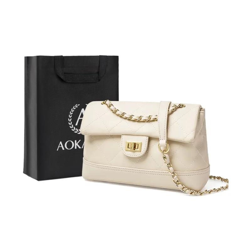 AOKANG Cow Leather Diamond Pattern Chain Bag, Shoulder Bag, Crossbody Bag, Hobo Bag Regular Women's Classic Black/Ecru-4