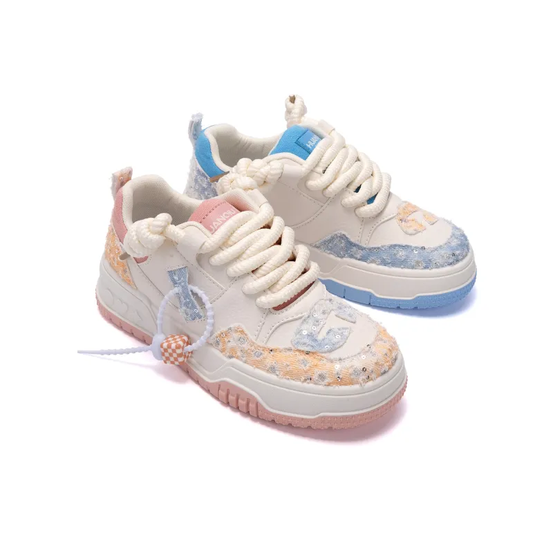 HUANQIU Height Increasing Slip Resistant Low Top Skateboard Shoes Women's Pink Blue Mismatched-4