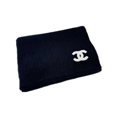 CHANEL Cashmere Mulberry Silk Elastane Knit Scarves Women's Black