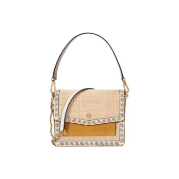 TORY BURCH Robinson Straw With Leather Handbag Women's Yellow
