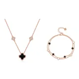 Four-Leaf Clover Black Agate Bracelet+Four-Leaf Clover Black Agate Necklace