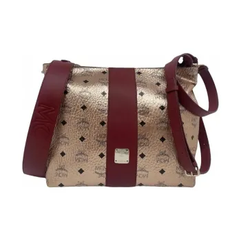MCM Leather Crossbody Bag, Shoulder Bag Medium Size Women's Gold & Burgundy