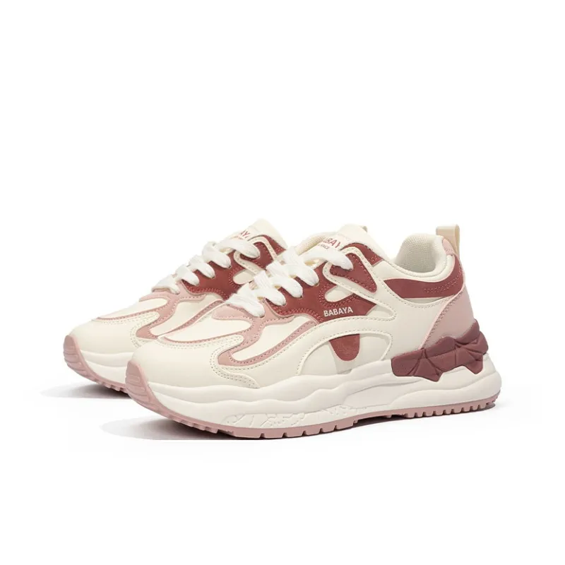 BABAYA KIDS Anti Slip Wear Resistant Low Top Chunky Sneakers Women's White Burgundy-2