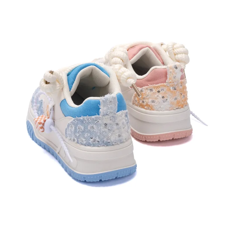 HUANQIU Height Increasing Slip Resistant Low Top Skateboard Shoes Women's Pink Blue Mismatched-6