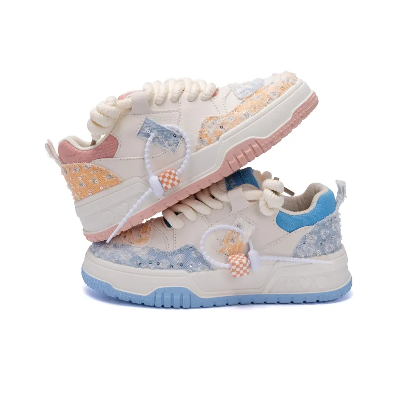 HUANQIU Height Increasing Slip Resistant Low Top Skateboard Shoes Women's Pink Blue Mismatched-3