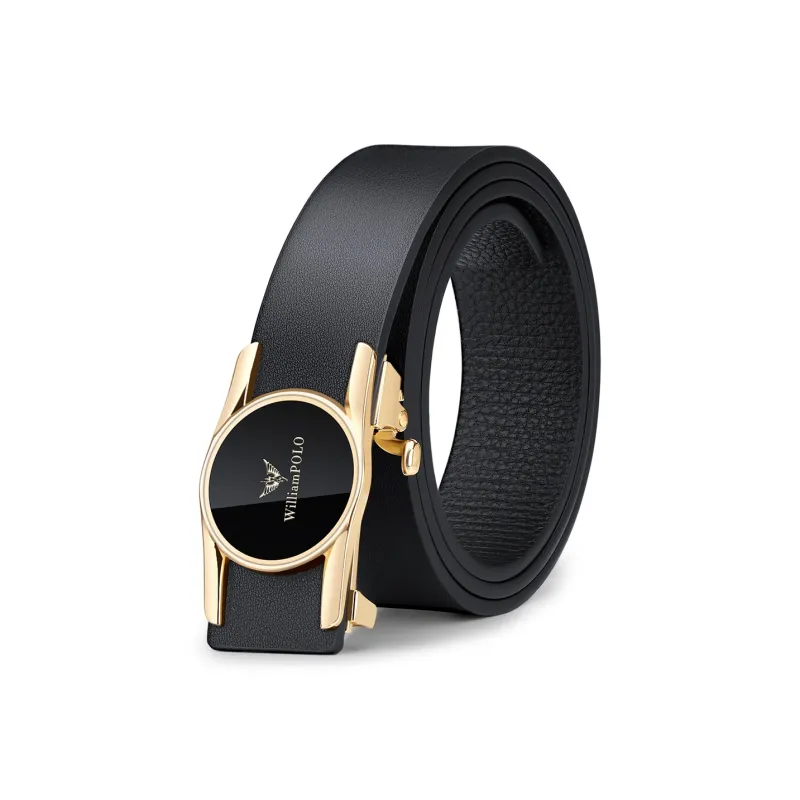 WilliamPOLO Top Grain Cow Leather Leather Belts Men's Gunmetal Gold 3.4cm Wide-0