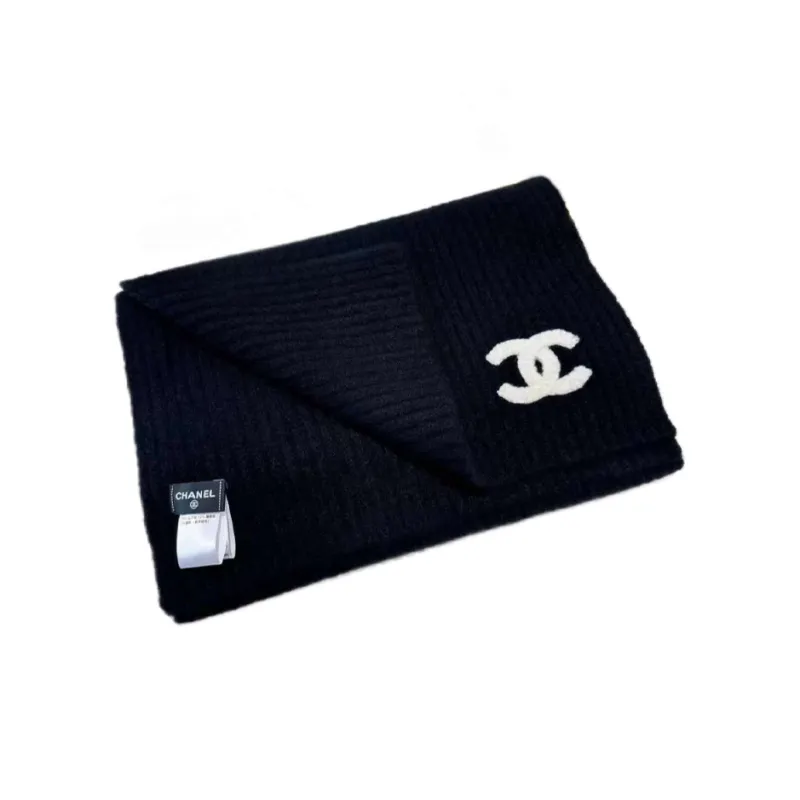 CHANEL Cashmere Mulberry Silk Elastane Knit Scarves Women's Black-1
