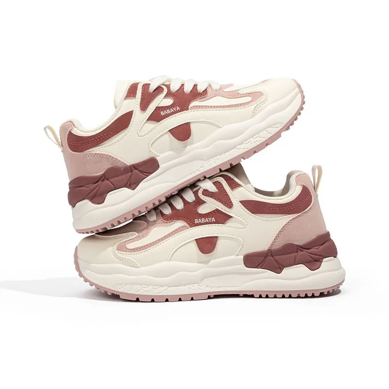 BABAYA KIDS Anti Slip Wear Resistant Low Top Chunky Sneakers Women's White Burgundy-4