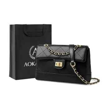 AOKANG Cow Leather Diamond Pattern Chain Bag, Shoulder Bag, Crossbody Bag, Hobo Bag Regular Women's Classic Black/Ecru