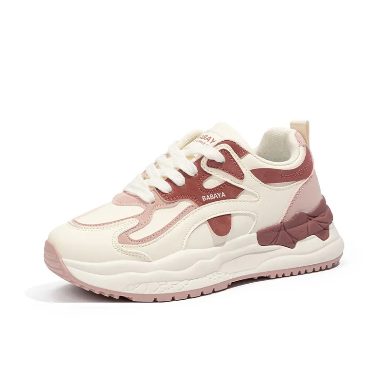 BABAYA KIDS Anti Slip Wear Resistant Low Top Chunky Sneakers Women's White Burgundy-1