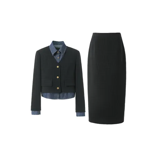 3COLOUR Casual Suits Women's Set Classic Black Coat+Skirt