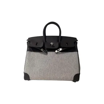 HERMES Birkin Swift Leather With Canvas Canvas Bag Birkin Bag Handbag Women's Dark Reddish Purple & Light Beige & Black
