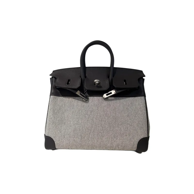 HERMES Birkin Swift Leather With Canvas Canvas Bag Birkin Bag Handbag Women's Dark Reddish Purple & Light Beige & Black-0