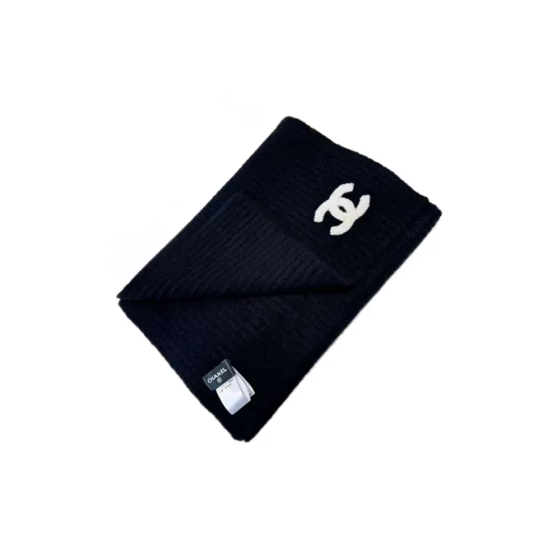 CHANEL Cashmere Mulberry Silk Elastane Knit Scarves Women's Black-2