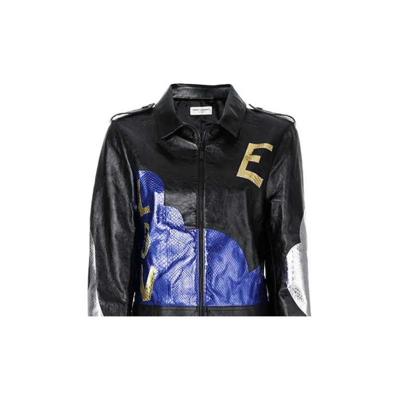 SAINT LAURENT Leather Jacket Women's Blue, Black & Multicolor-3