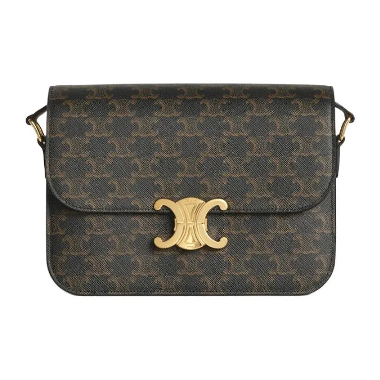 CELINE Triomphe Arc De Triomphe Coated Canvas With Calfskin Shoulder Bag Crossbody Bag Medium Size Women's Black-0