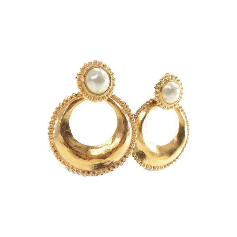 CHANEL 1980-1990 Plated Faux Pearl Clip On Drop Costume Earrings-1