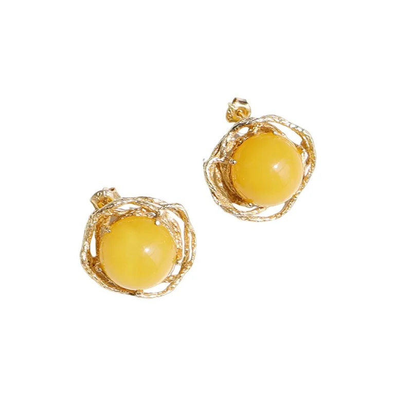 S&A S925 Silver With Amber Beeswax Inlay Jade Stud Earrings Women's-0