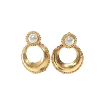CHANEL 1980-1990 Plated Faux Pearl Clip On Drop Costume Earrings