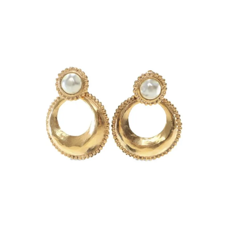 CHANEL 1980-1990 Plated Faux Pearl Clip On Drop Costume Earrings-0