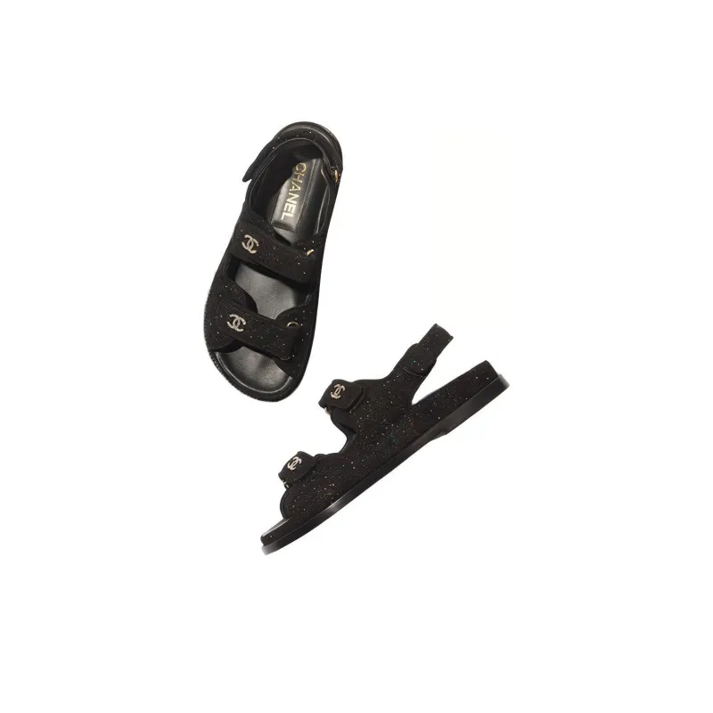 CHANEL Sparkle Sandal Black Silver Suede Kidskin-4