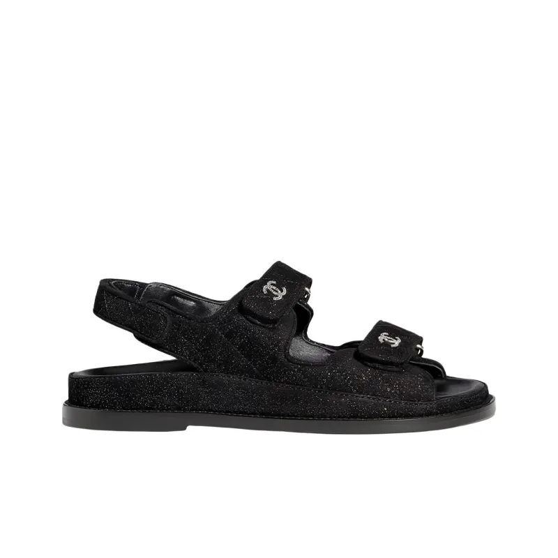 CHANEL Sparkle Sandal Black Silver Suede Kidskin-1