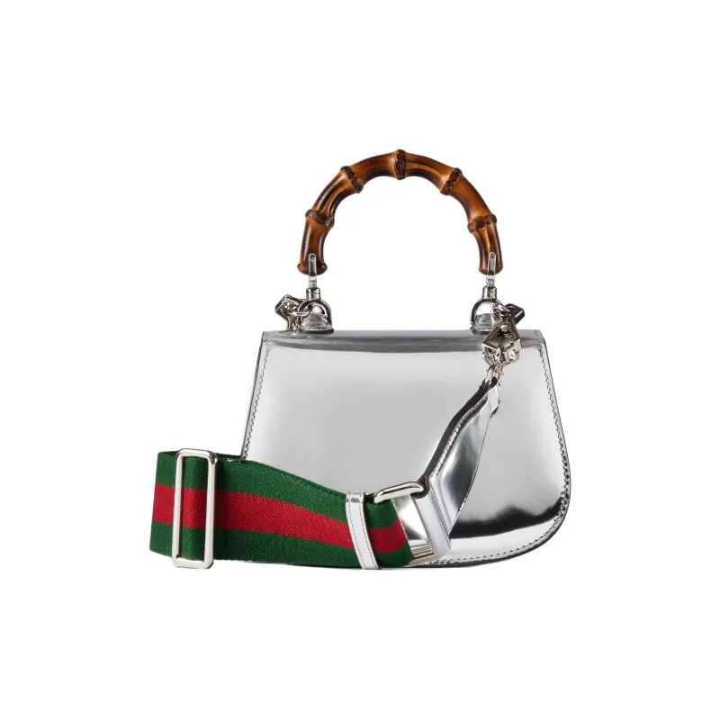 GUCCI Bamboo 1947 Leather Shoulder Bag Crossbody Bag Handbag Mini Women's Silver-4