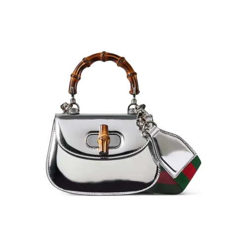 GUCCI Bamboo 1947 Leather Shoulder Bag Crossbody Bag Handbag Mini Women's Silver