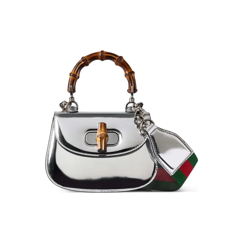GUCCI Bamboo 1947 Leather Shoulder Bag Crossbody Bag Handbag Mini Women's Silver-0