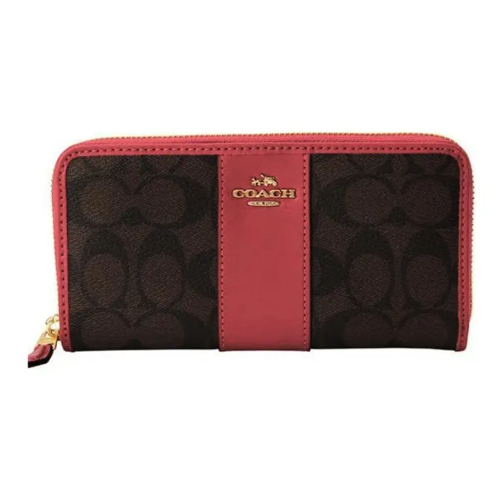 COACH Accordion Zip PVC With Leather Wallet Clutch Wallet Women's Dark Coffee With Pink Accents-1
