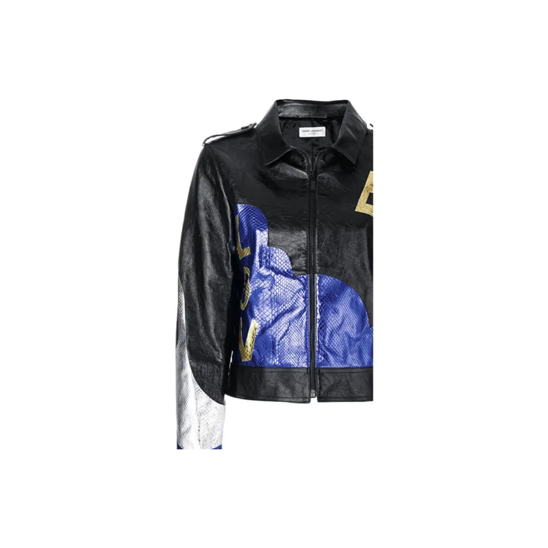 SAINT LAURENT Leather Jacket Women's Blue, Black & Multicolor-5